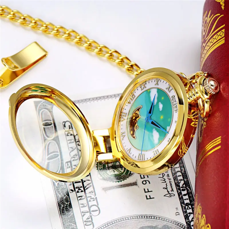 OUYAWEI Kid's Cute Mechanical Pocket Watch Adorable Cloud and Star Dial watch Necklace Chain Kids Children Birthday Xmas Gifts