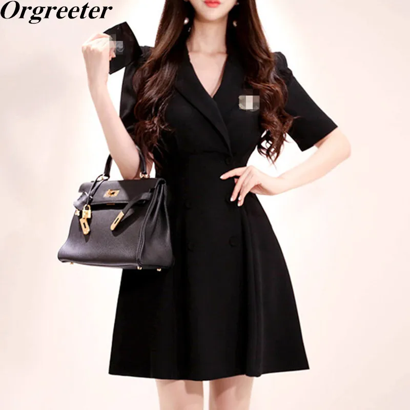 

Elegant OL Work Black Suits Dress 2019 Autumn Women Double-brested Notched collar A-line Formal Work Dresses Free Pearl brooch