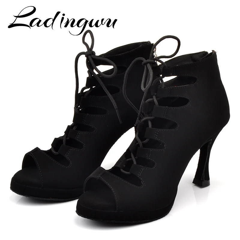 Ladingwu New Women's Latin Dance Shoes Ballroom Tango Platform Ladies ladys Comfortable Flannel Dancing Shoes Black 9cm Cuba