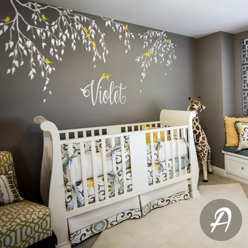 

Branches Wall Decals Birds With Custom Name Tree Vinyl Wall Sticker Home Kids Bedroom Decor Falling Leaves Creative Mural D-305