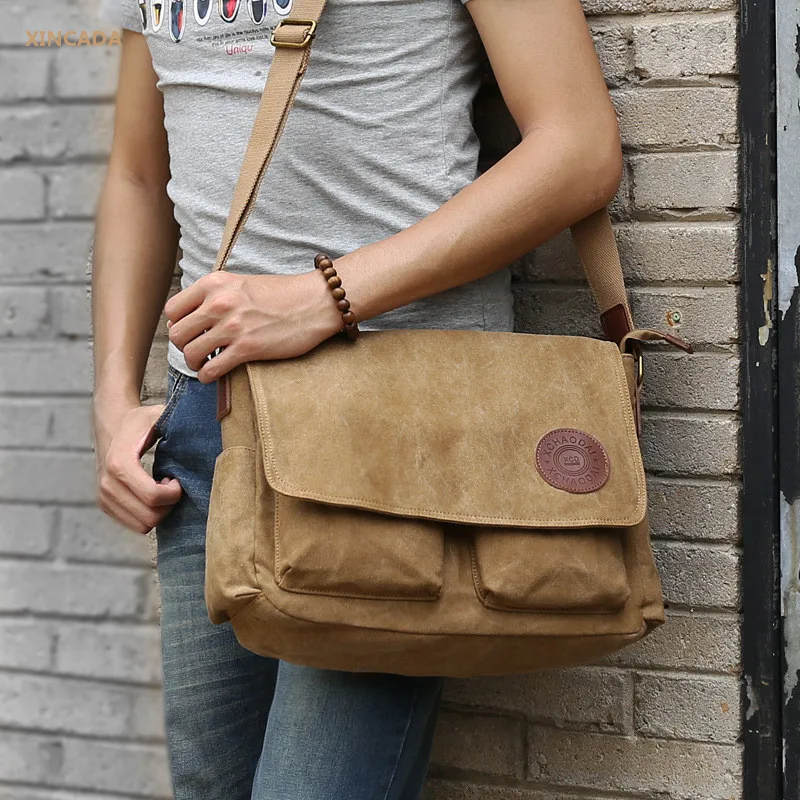 

XINCADA cowhide zipper and logo mens 14 Inch canvas laptop bags business shoulder bags casual messenger bags online