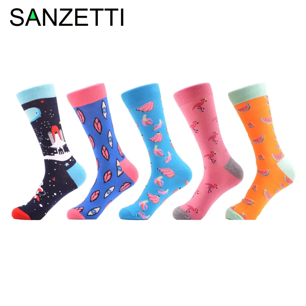 

SANZETTI 5 Pairs/Lot Funny Pattern Flamingo Fruit Pattern Women's Combed Cotton Crew Happy Colorful Socks Novelty Wedding Gifts