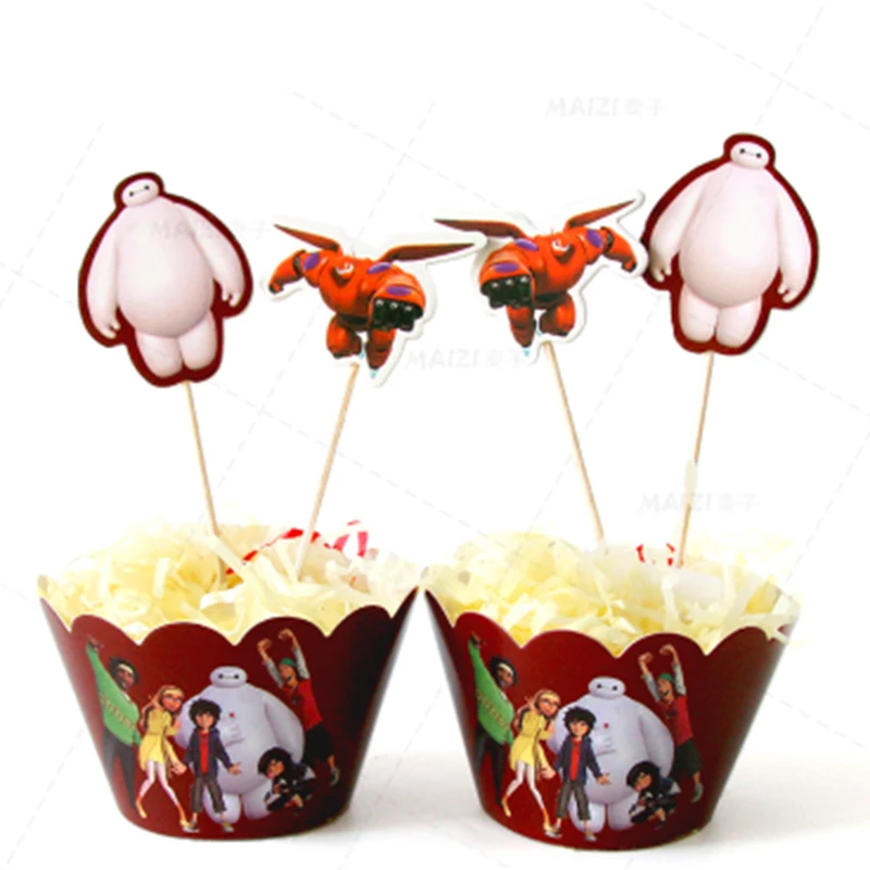 

12sets Big hero 6 Baymax paper cupcake wrappers topper baby shower decoration kids birthday party supplies cakecup picks toppers