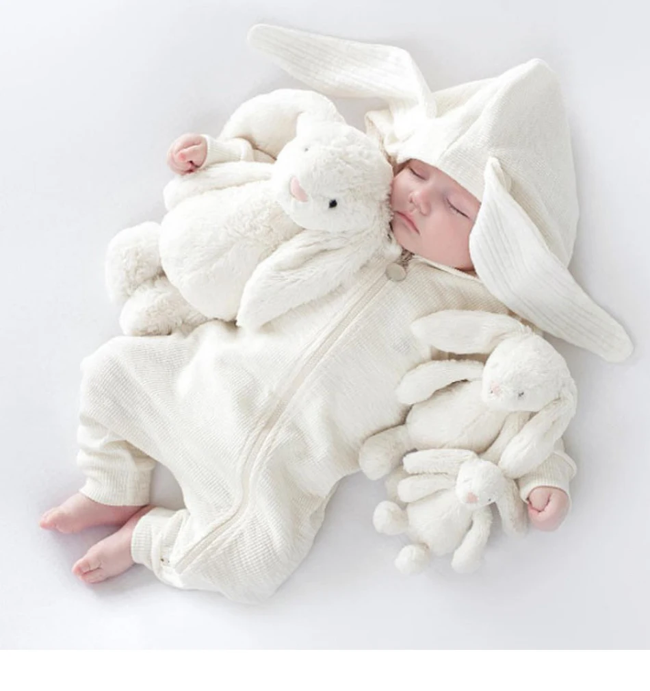 Комбинезоны с объемными ушками для новорожденных мальчиков и девочек, хлопковые комбинезоны с кроликами и молнией для мальчиков и девочек, детские комбинезоны детские одежда
