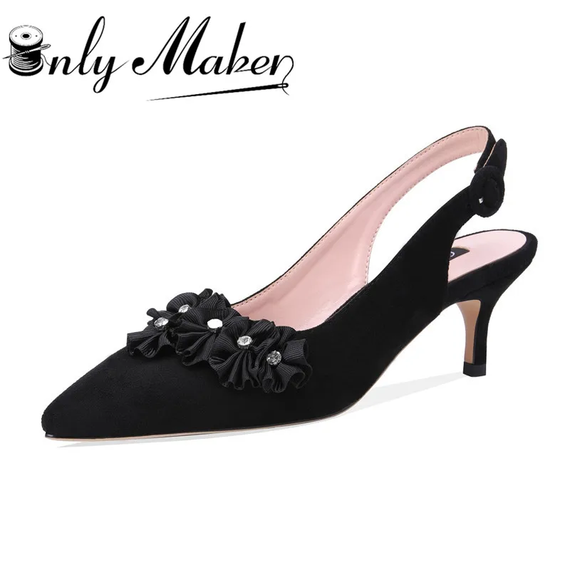 

onlymaker Women's Pom Pom Fluffy Heels Slingback Pointed Toe Kitten Heels 6cm Pumps Ankle Strap Buckles Low Heel Dress Shoes us9