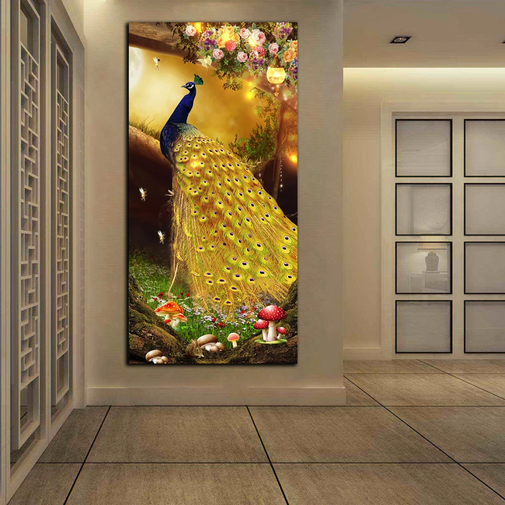 

Large Posters HD Prints Golden Peacock Flowers On Canvas Modern Abstract Home Wall Art Pictures Set Home Decor For Living Room