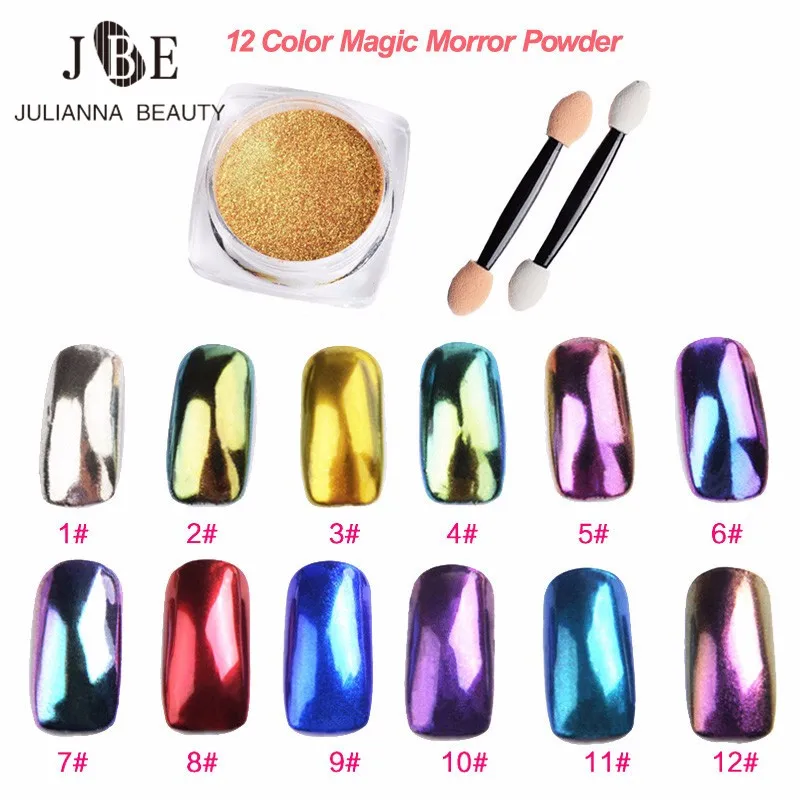 

2g DIY Shinning Chrome Magic Mirror Powder Metal Nail Art Tips Decoration Pigment Glitter Dust Manicure + Sponge Brush 12 Colors