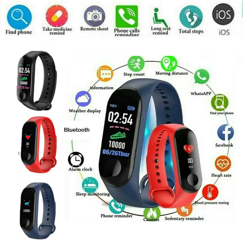 

M3 Plus Bluetooth Smart Watch For Men Women Heart Rate & Blood Pressure Monitor Fitness Tracker Smart Wristband For Android IOS