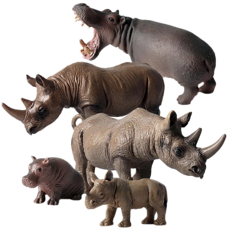 

Children'S Simulation Animal Model 5 Rhinoceros Hippo Wildlife Set Rhino Hippo Figurine Static Solid Modeling Toy