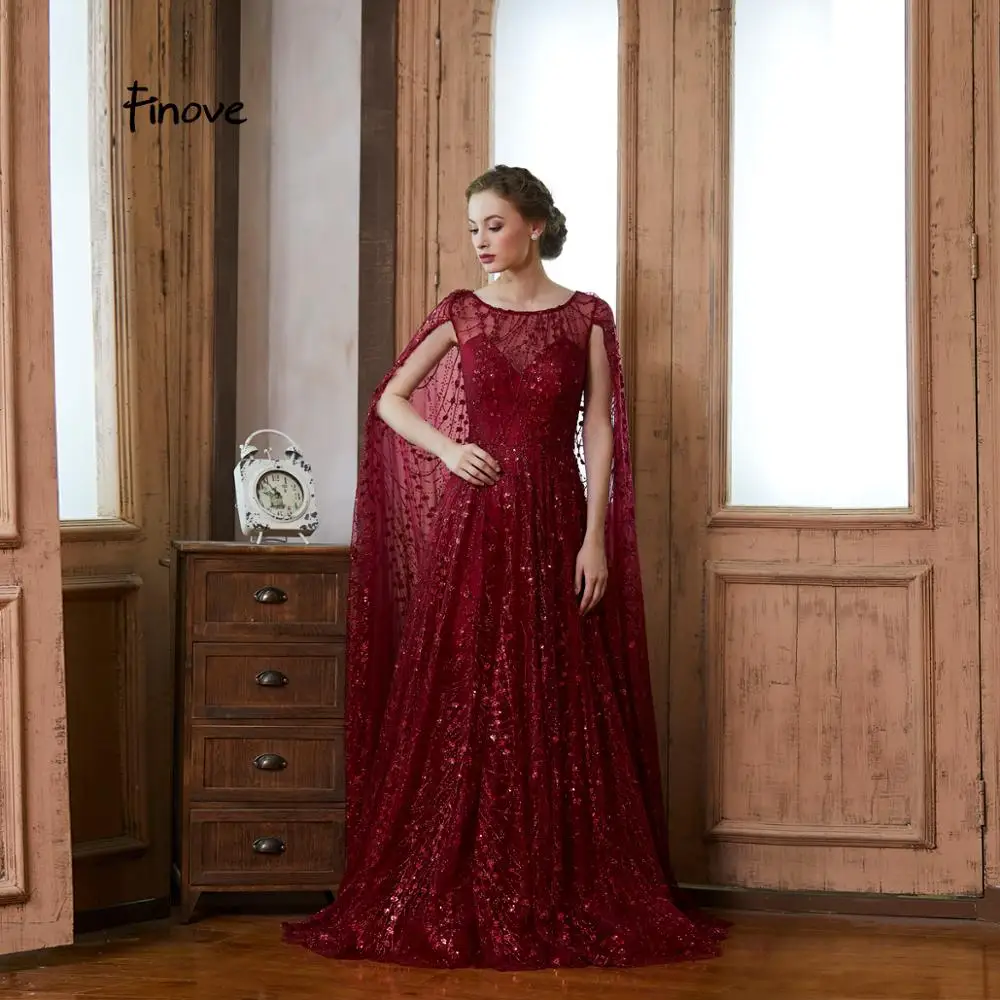 Finove Выпускные платья Длинные Robe De Soiree винно-красное светоотражающее платье с блестками элегантное ТРАПЕЦИЕВИДНОЕ вечернее платье с круглым вырезом для женщин