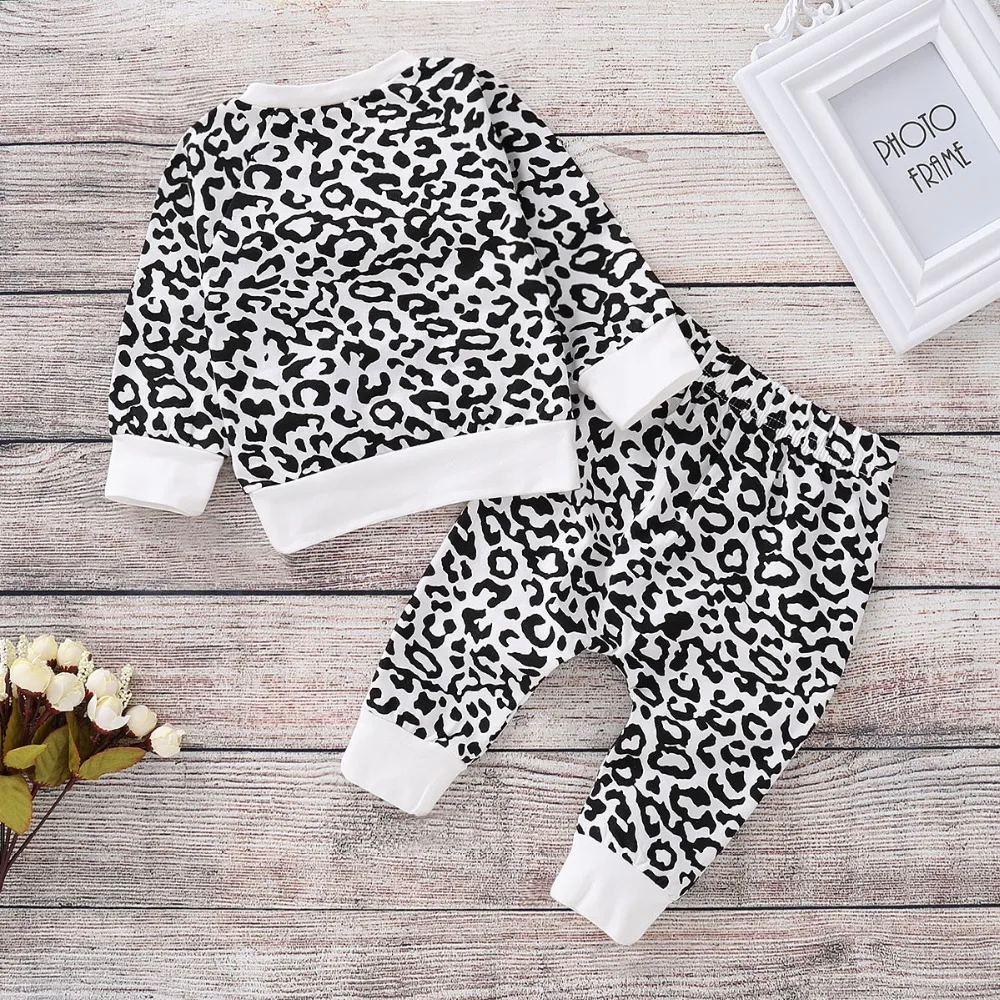 Puseky/милые комплекты одежды для маленьких девочек леопардовая футболка, пуловер Топы, длинные штаны комплект одежды из 2 предметов, спортивный костюм для детей от 0 до 24 месяцев
