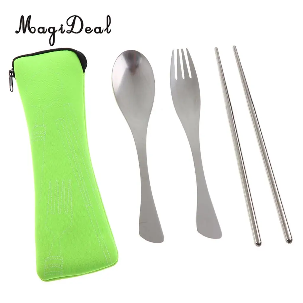 MagiDeal Stainless Steel Camping Tableware Outdoor Spoon Chopsticks Spoon Fork Picnic  BBQ Travel Portable Cutlery Set