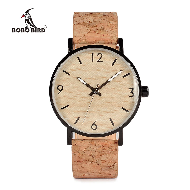 BOBO BIRD Mens Watches Wood Grain Dial Stainless Steel Case Quartz Watch with Soft Cork Bandfor Men as Gift Item