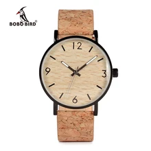 BOBO BIRD Mens Watches Wood Grain Dial Stainless Steel Case Quartz Watch with Soft Cork Bandfor