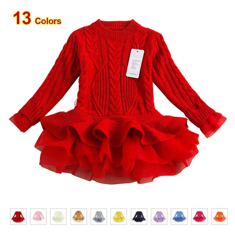 

Girl Dress Christmas Wedding Party Mini Dresses Knitted Chiffon Winter Thick Warm Kids Girls Clothes Children Clothes Girl Dress