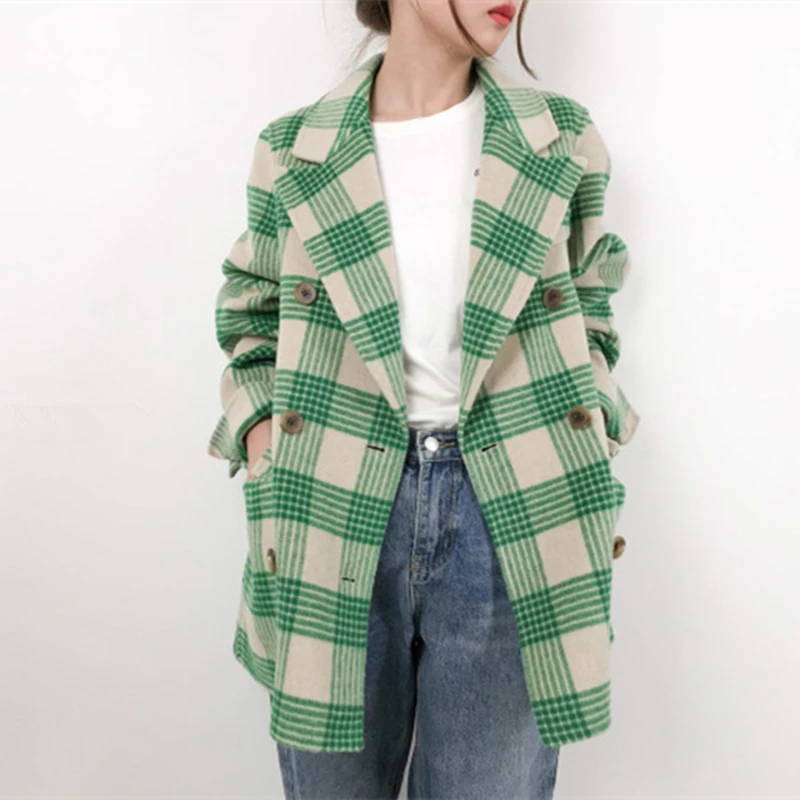 2018 New Winter Wool Blazers Coats Women Long Sleeve High Street Green