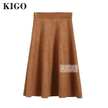 KIGO Женская винтажная плиссированная юбка миди с высокой талией, элегантная замшевая юбка цвета хаки, женские юбки из искусственной кожи, Jupe Femme KJ2367H