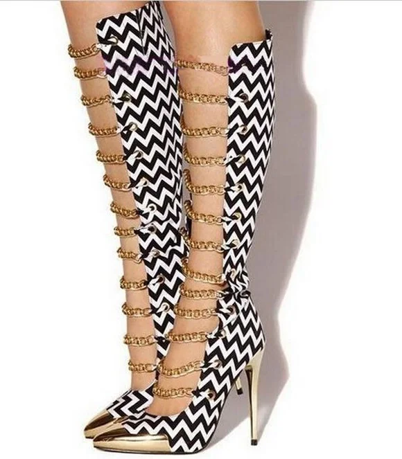 

Sexy Gold Chains Decorated Boots Pointed Toe High Heel Knee High Gladiator Sandals Boots For Women Summer Dress Shoes