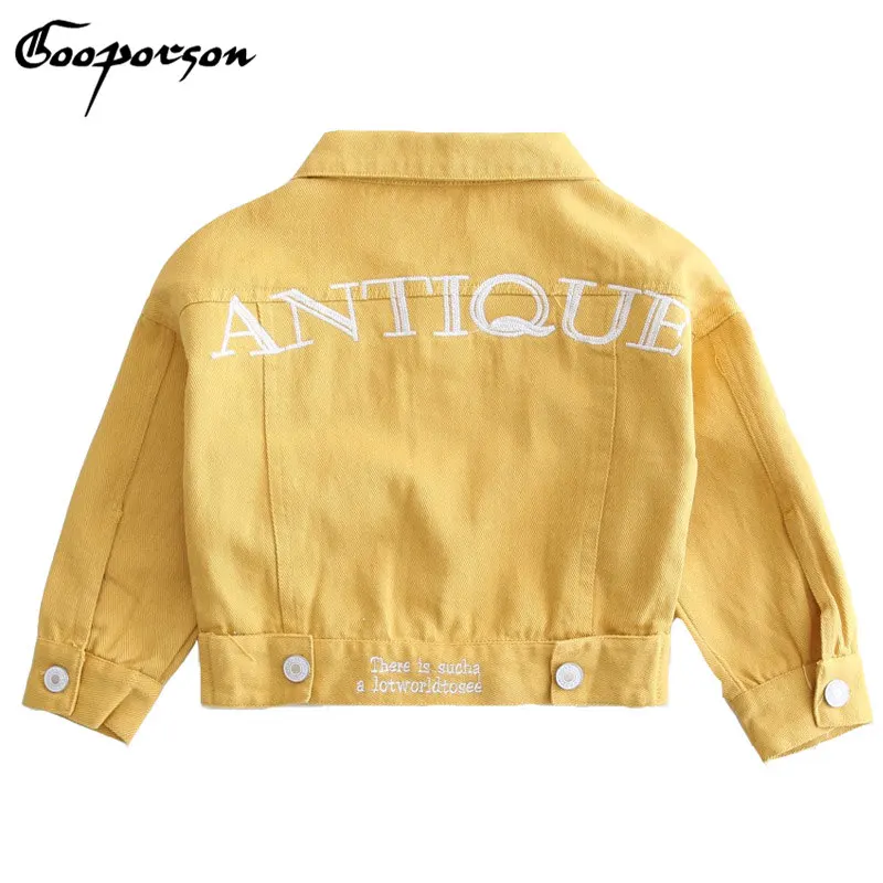 

Girls Jacket Yellow Letter Embroidery Coat Long Sleeve Jeans Jackets Kids Clothes Outerwear Soft Denim Baby Girl Clothing