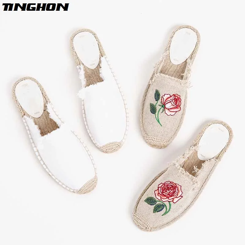 

TINGHON New Women Spring Ethnic Casual Espadrilles Embroidery Flat flowers Printed Embroider Slip on Fishermen Hemp Rope Shoes