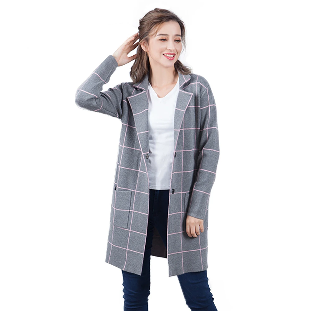 YHKGG 2018 New Autumn Winter Plaid Long Cardigan Women Fashion Knitted