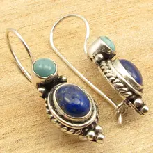 Revestimiento de plata Azul LARIMAR y LAPIS LAZULI Pendientes de Aspecto Caro 1 1/8 inches