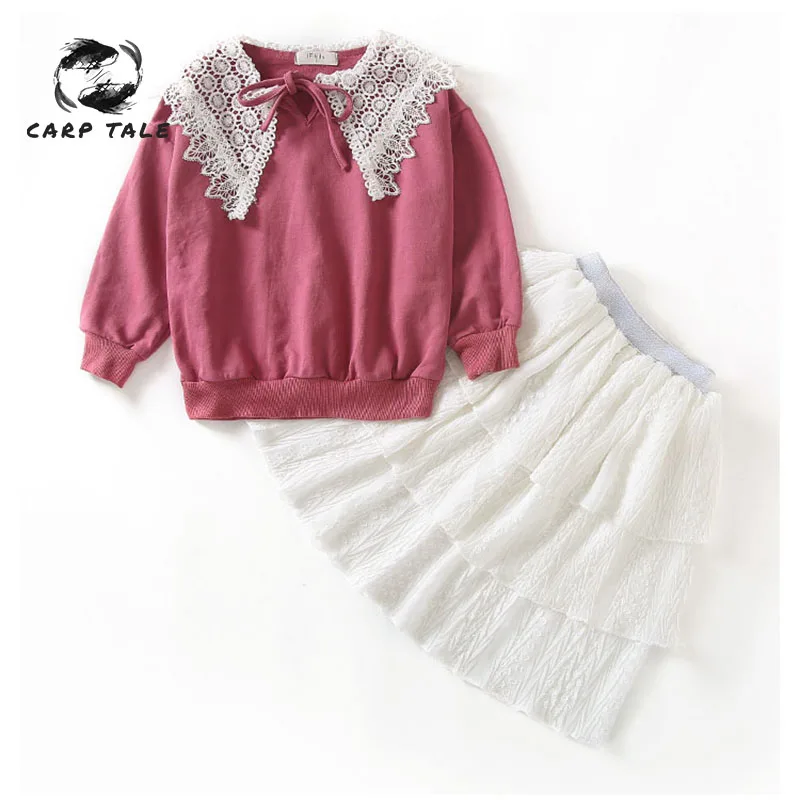 

Princess set 2019 fashion girls new clothes solid color knitted shawl dress + top two-piece girls set lace collar clothing