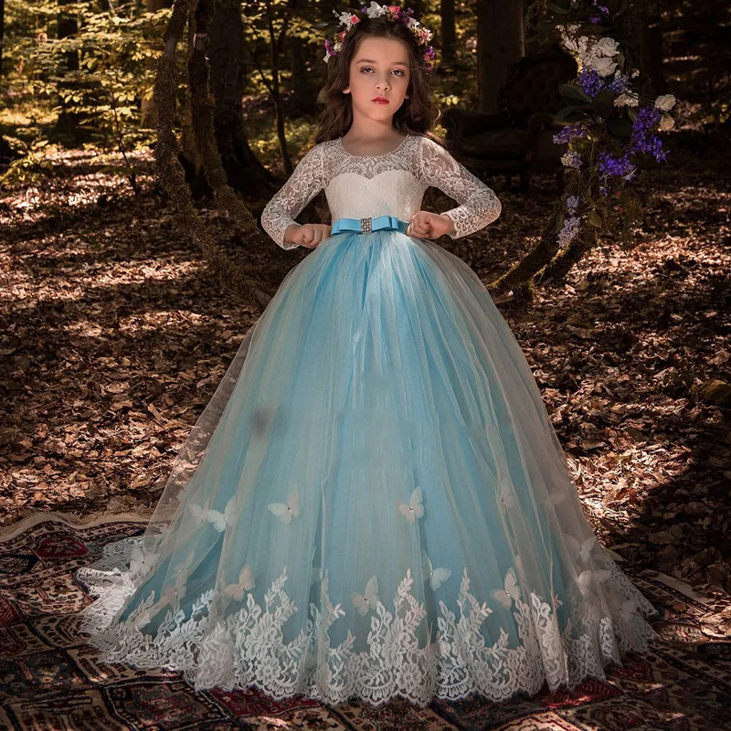 Одежда с длинным рукавом 2018 для девочек в цветочек платья для свадьбы бальное платье Тюль Кружево из бисера Детские Длинные платье для