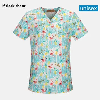 

NEW IF Women Scrub Top With V-Neck Cotton Breathable Flamingo Print Surgical Medical Uniform Hospital Nurse Scrub Tops For Women