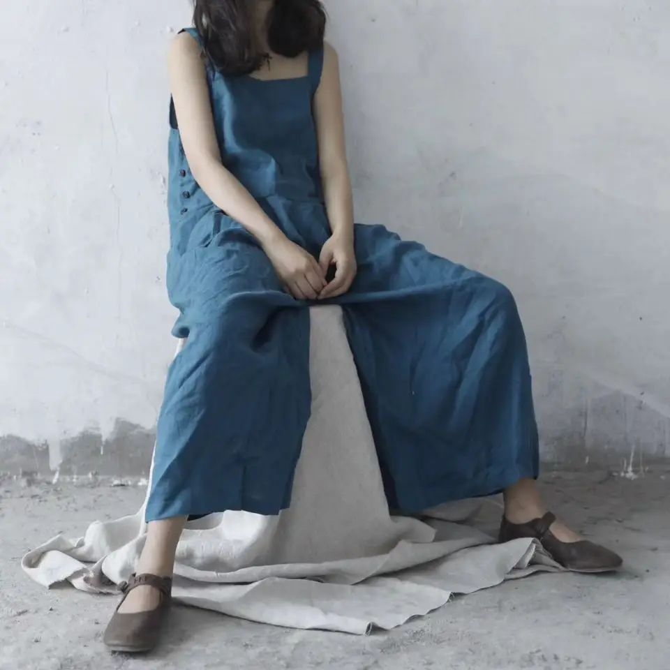 Women Retro Linen Jumpsuits Ladies Solid Color Vintage
