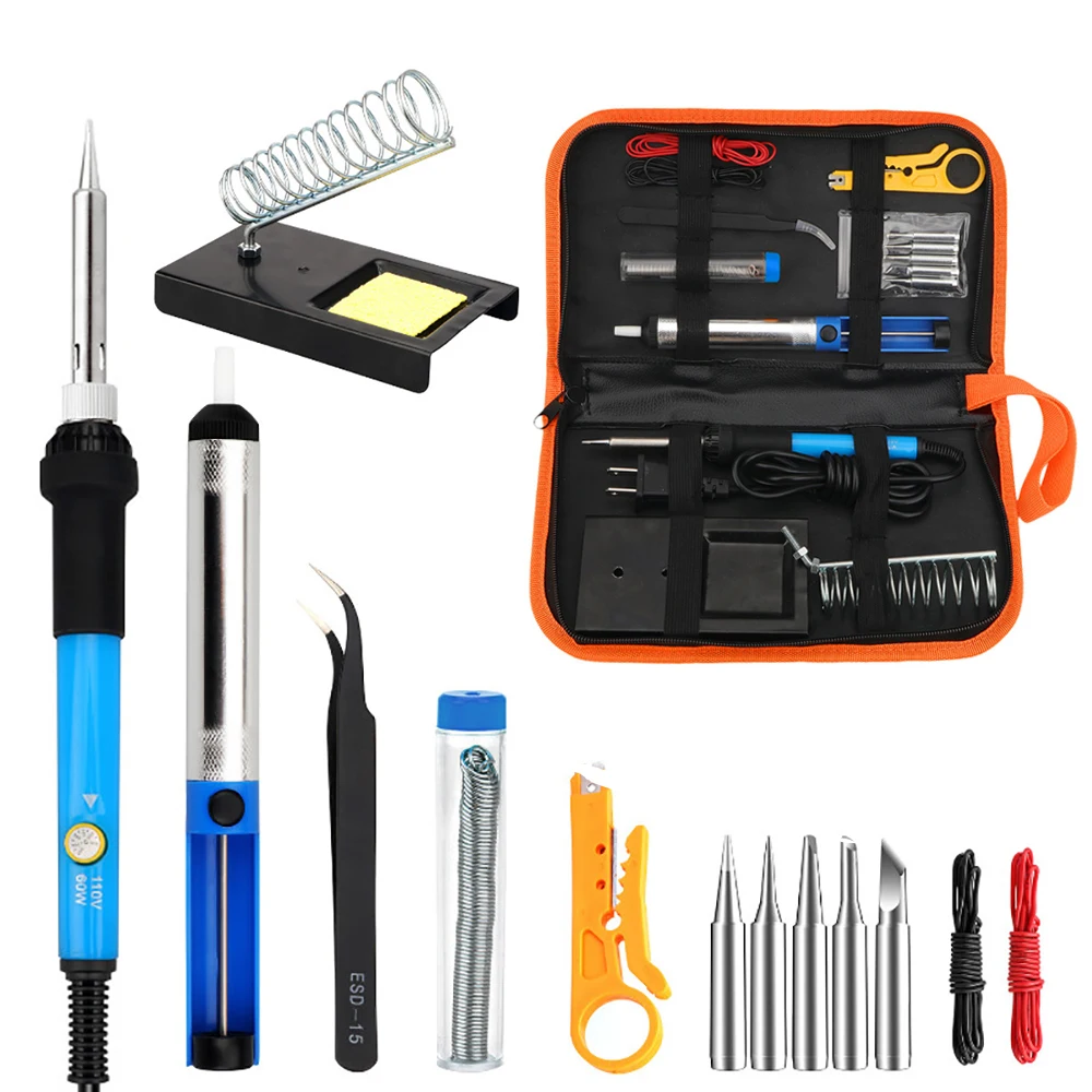 

60W Solder Iron Kit Electronics Adjustable Temperature Soldering Station 5pcs Soldering Tips Desoldering Pump Stand Tweezers