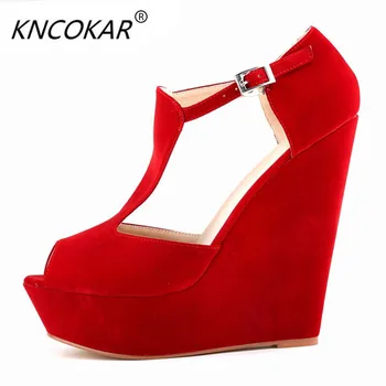 

KNCOKAR 2017 Large base wedge sandals women's high-heeled waterproof Roman fish mouth sandals suede Ankle Boots For Women