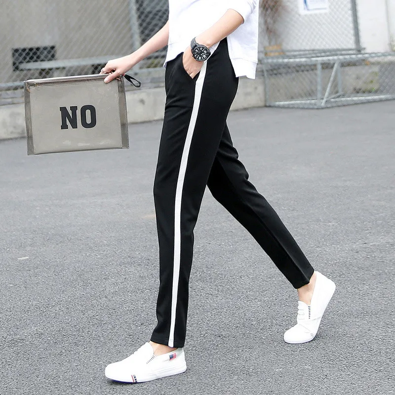 womens black joggers with white stripe
