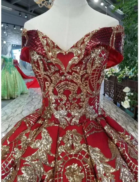 Роскошное платье королевы в пол, красное сатиновое бальное платье с золотыми блестками, кружевное вечернее платье, настоящий образец, бальные платья