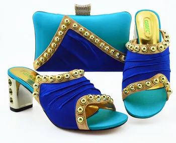 

2019 Fashion Style Blue Color Shoes and Bag Sets African Women Shoes with Matching Bags Ladies Slipper for Royal Wedding