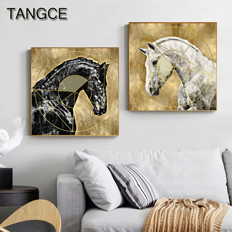 

New Arrival Gold Foil Horse Canvas Painting Black n White Plakaty I Druki Do Salonu Upscale Wall Pictures for Living Room Modern