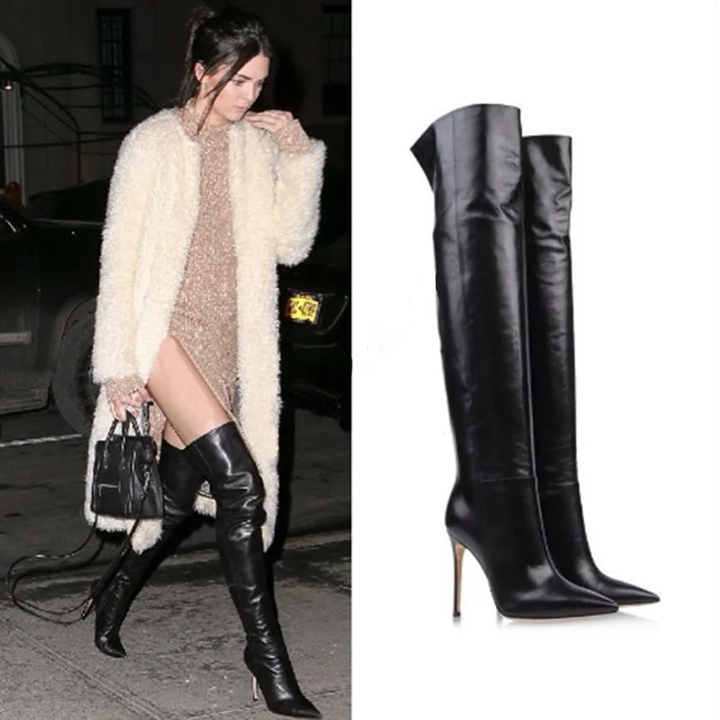 Celebrity Black Soft Leather Stiletto High Heels Over The Knee Boots ...