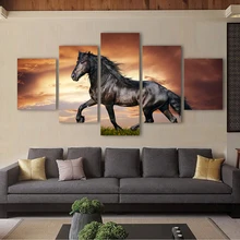 QKART 5 Panels Black stallion Horse Canvas Art Wall Pictures for Living Room Office Hotel Home Decor Flower No Frame Animal