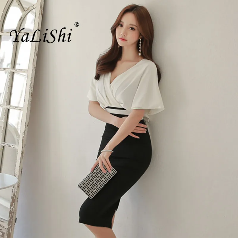 

2018 Summer Plus Size Pencil Dress Women White Black Half Batwing Sleeve Patchwork Casual Office Dress Elegant Party Dresses