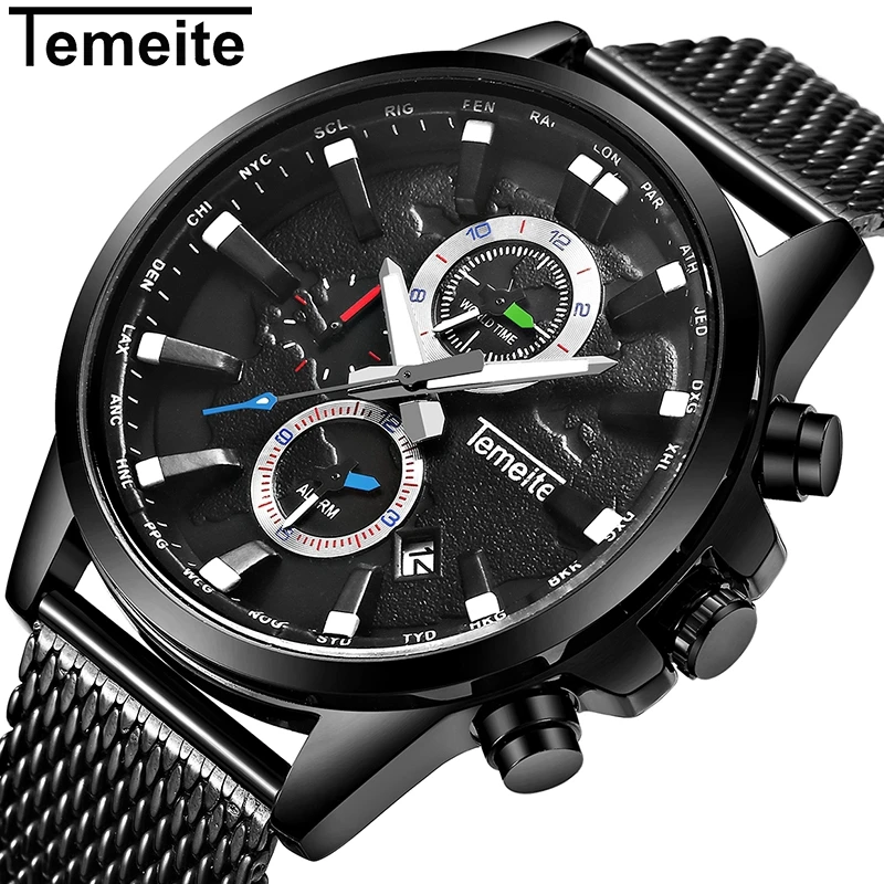 

TEMEITE New Original Men's Watches Top Brand Sport Business Quartz Watch Men Clock Date Mesh Strap Wristwatches Male Relogio