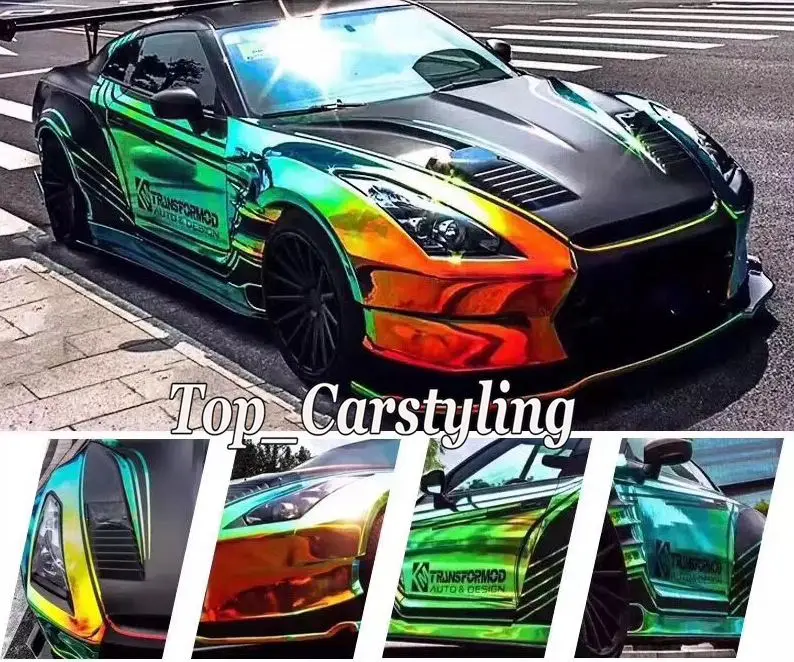 Green Gloss Mirror Rainbow Holographic Film chrome flip vinyl car wrap