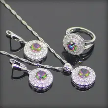Ronda Natural 925 de Plata de La Joyería Para Las Mujeres Arco Iris Místico Creado Topacio Pendientes/Colgante/Collar/Anillos Caja libre