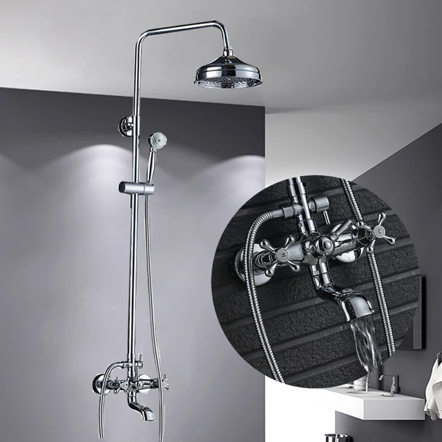 Chrome Bathroom Shower Faucets Set 8" Round Rainfall Shower Faucet Set Tub Mixer Spout Tap with