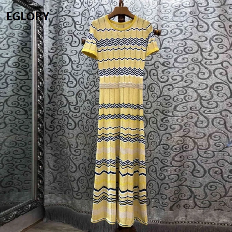 

Top Grade New 2019 Summer Fashion Long Sweater Dress Women Wave Patterns Knitting Short Sleeve Ankle Long Dress Female Knitwear