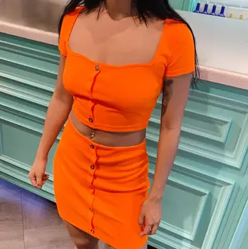 

Summer new women's short-sleeved square collar Single-breasted top + skirt two set women