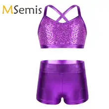 Детский гимнастический танкини для девочек, Купальник для танцев, блестящий топ на бретелях с шортами, детский гимнастический балетный купальник, костюм