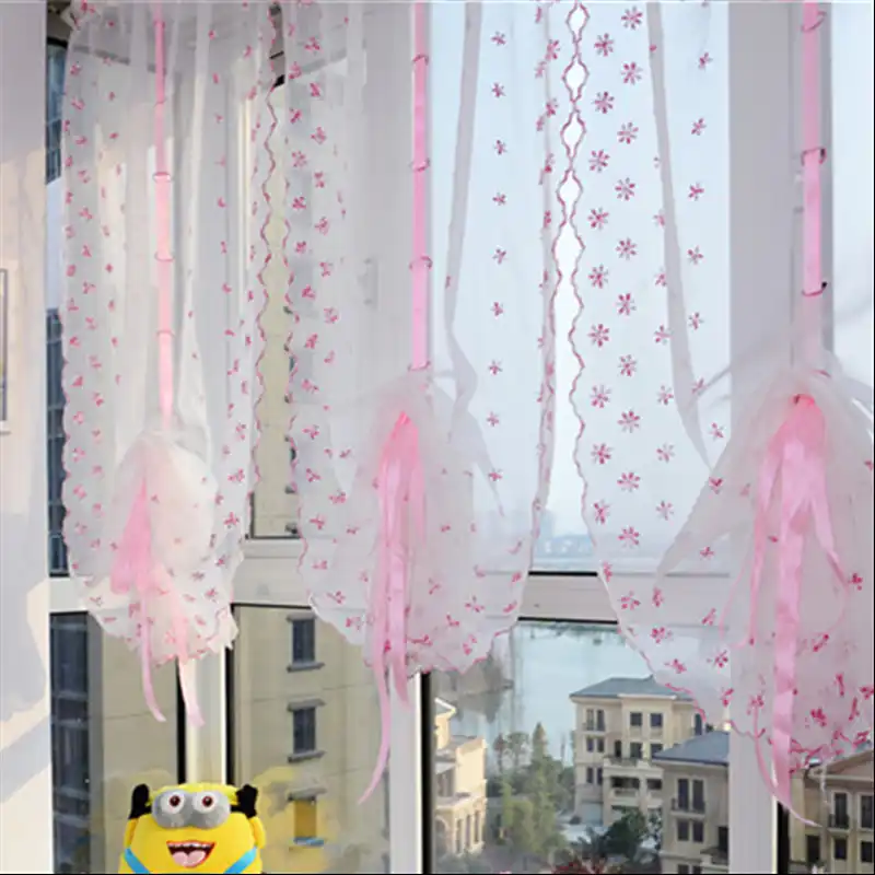 European White Pink Floral Short Roman Tulle Valance Curtains For