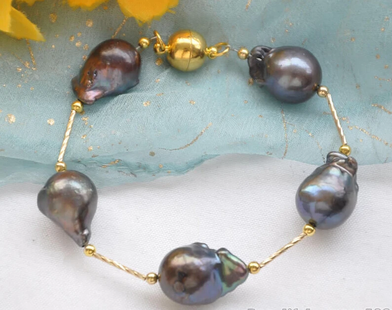 

fast shipping>Z5608 REAL 8" 17mm black BAROQUE KESHI REBORN PEARL gild 5star bracelet