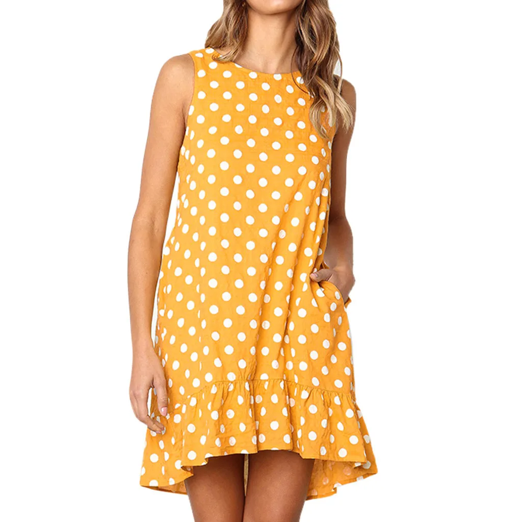 

Feitong Wave Point Print Dress Women Casual Flounce Sleeveless Dresses With Pocket 2019 Summer Beach Sundress Party Mini Dress