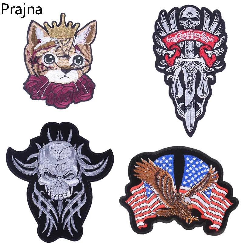

Prajna Large Cat Punk Rock winged Skull Patch Iron On Patches Eagle Badge Applique Cheap Embroidered Patches For Clothing Jacket